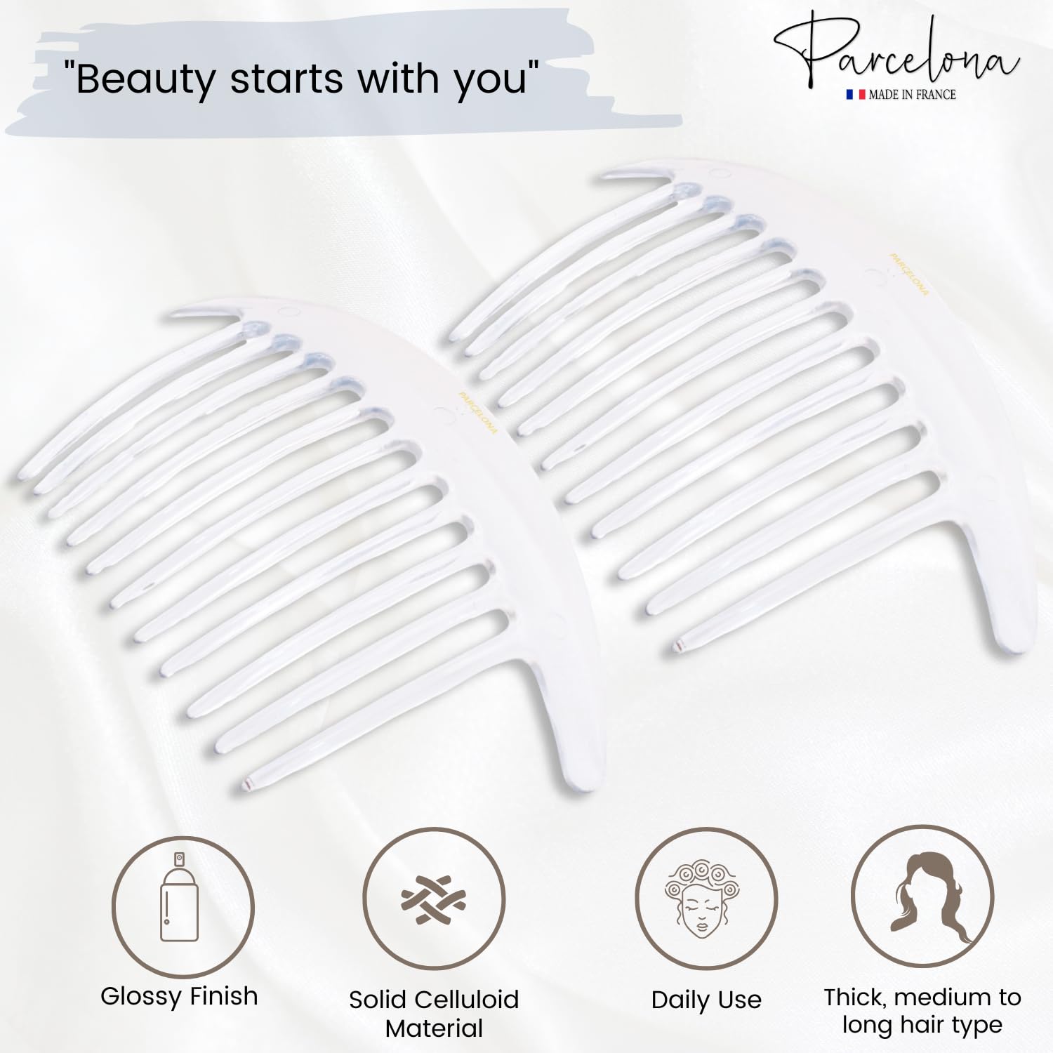 Parcelona French Tapered Edge 11 Teeth Side Hair Combs for Women & Girls (2Pcs)