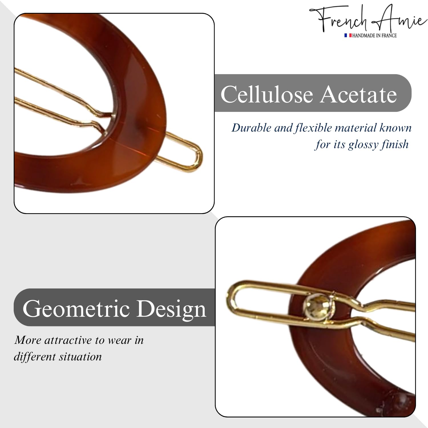 French Amie Oval Hoop Small 1 1/4” Celluloid Handmade Hair Barrette Clips(2 Pcs)