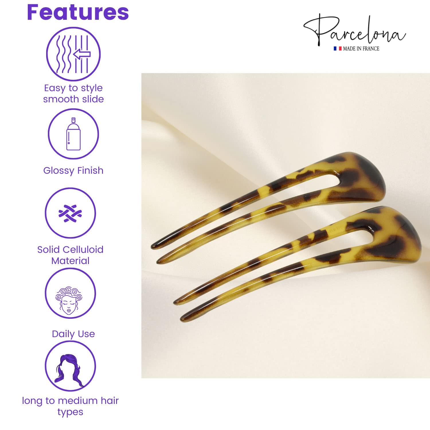 Parcelona French Long Duo Large Celluloid Chignon Hair Bun Pins for Women(2 Pcs)
