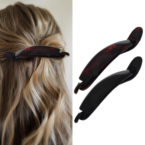 Parcelona French Sleek Large Black and Shell No Metal Hair Clip Barrette- 2 Pcs