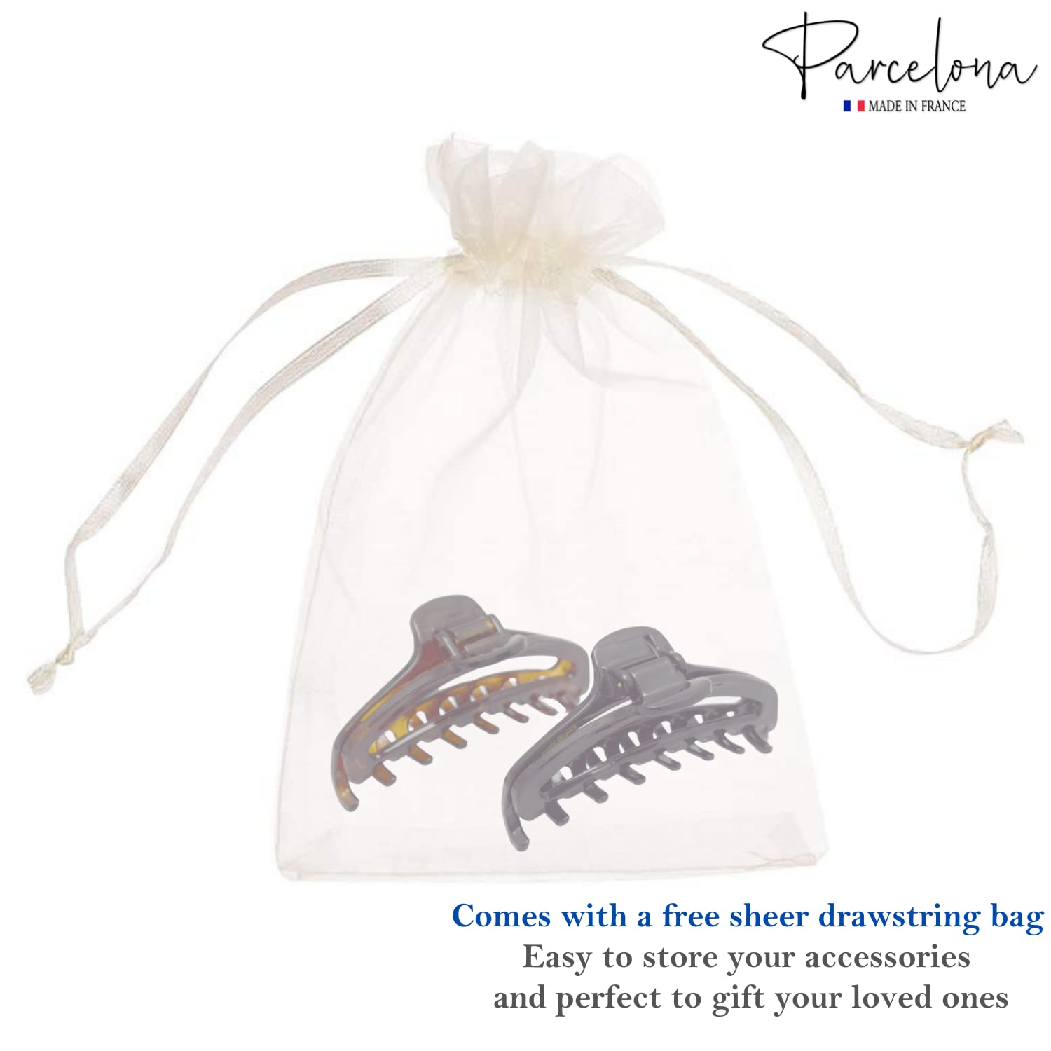 Parcelona French Slim Small Shell & Black Set of 2 Celluloid Jaw Hair Clips