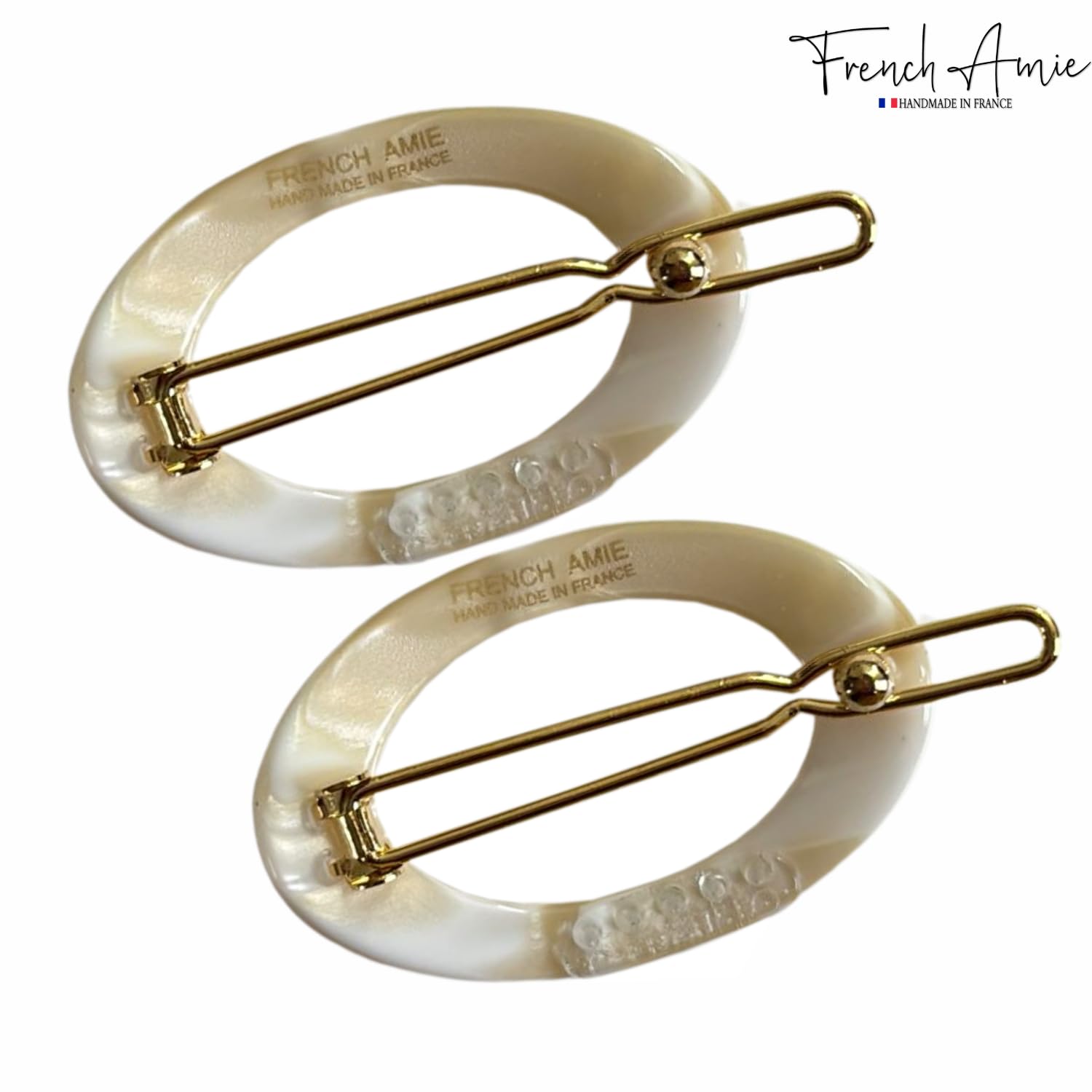 French Amie Oval Hoop Small 1 1/4” Celluloid Handmade Hair Barrette Clips(2 Pcs)