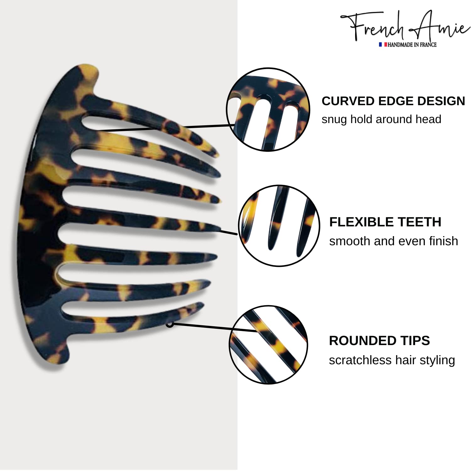 French Amie 7 Teeth Handmade Cellulose Side Hair Comb for Women and Girls