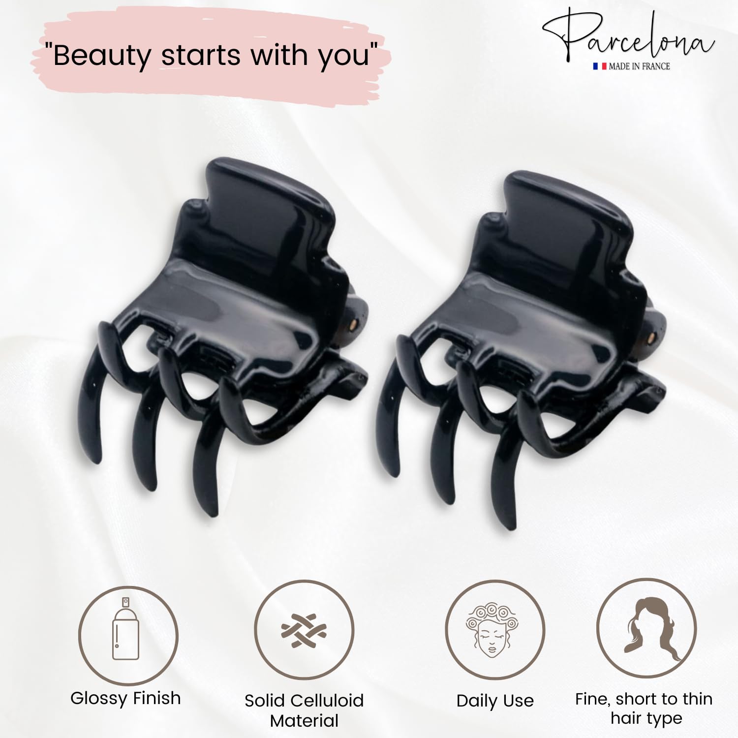 Parcelona French Glossy Square Very Small Cellulose Hair Claws for Women 2Pcs