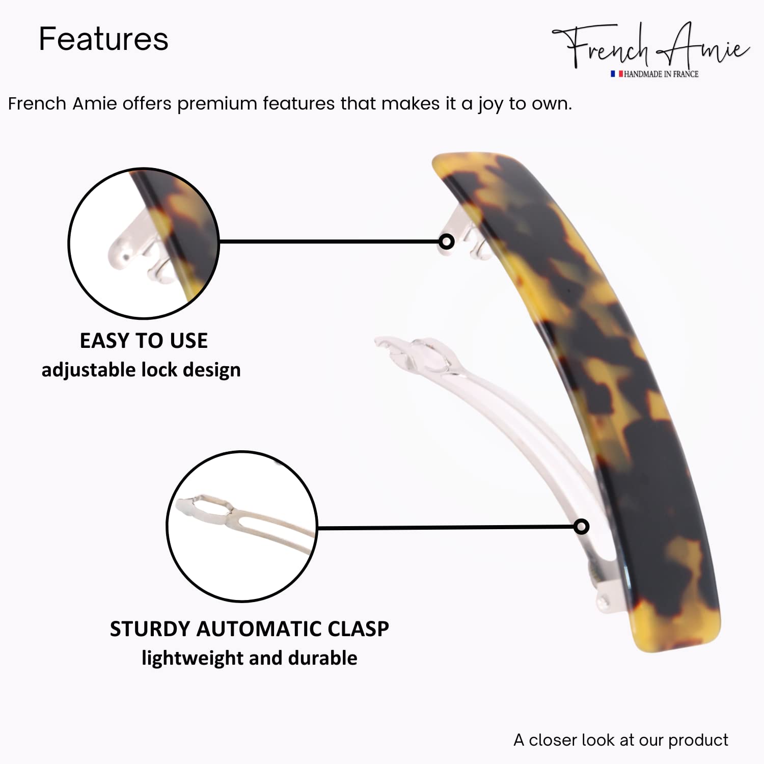 French Amie Oblong 3 1/2" Cellulose Handmade Automatic Hair Barrette for Women