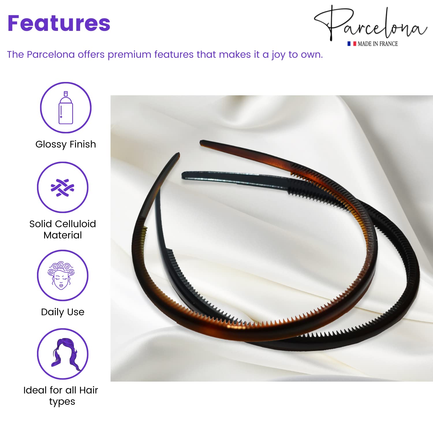 Parcelona French Thin Shell and Black Inner Teeth Nibs Hair Headband 2 Pcs