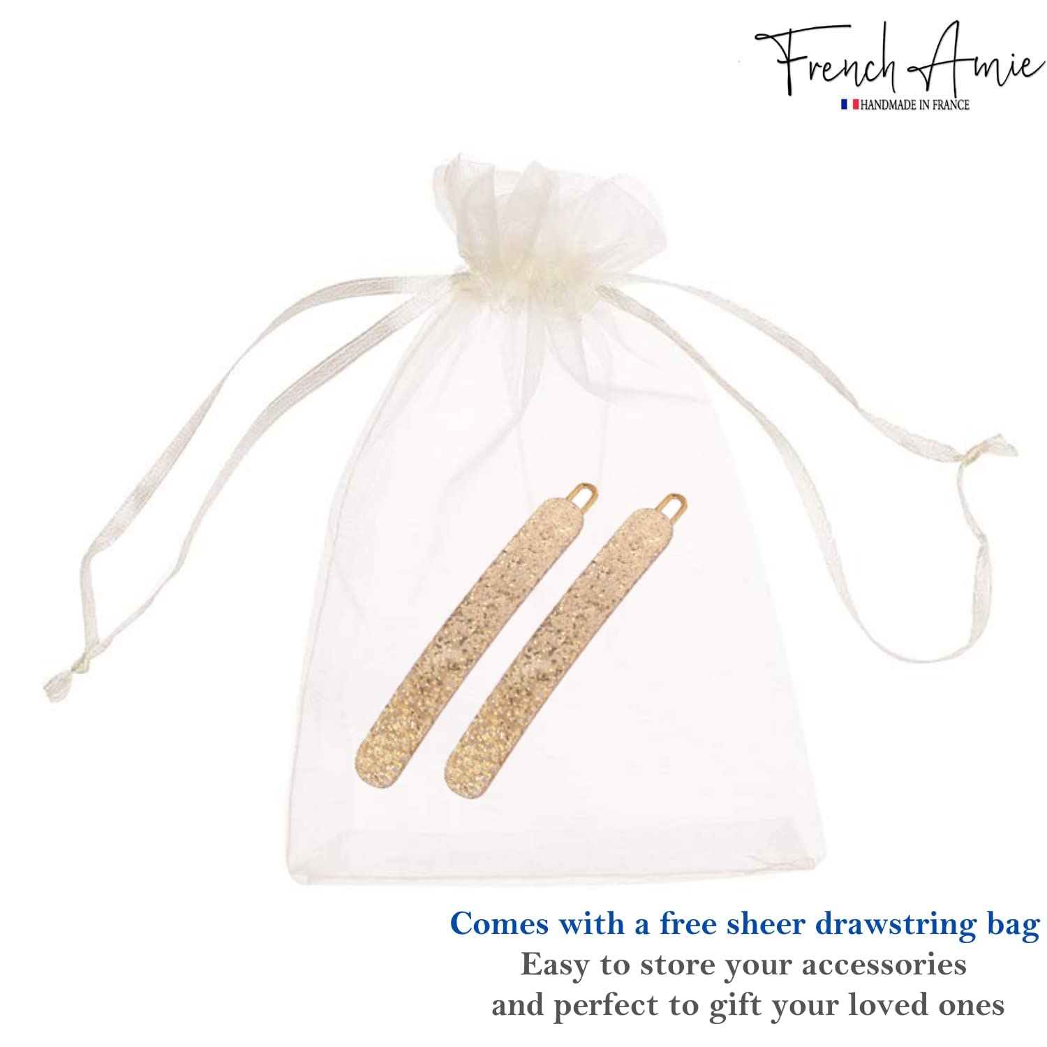 French Amie Rounded Oblong Golden Glitter Small Cellulose Snap Hair Clip 2Pcs