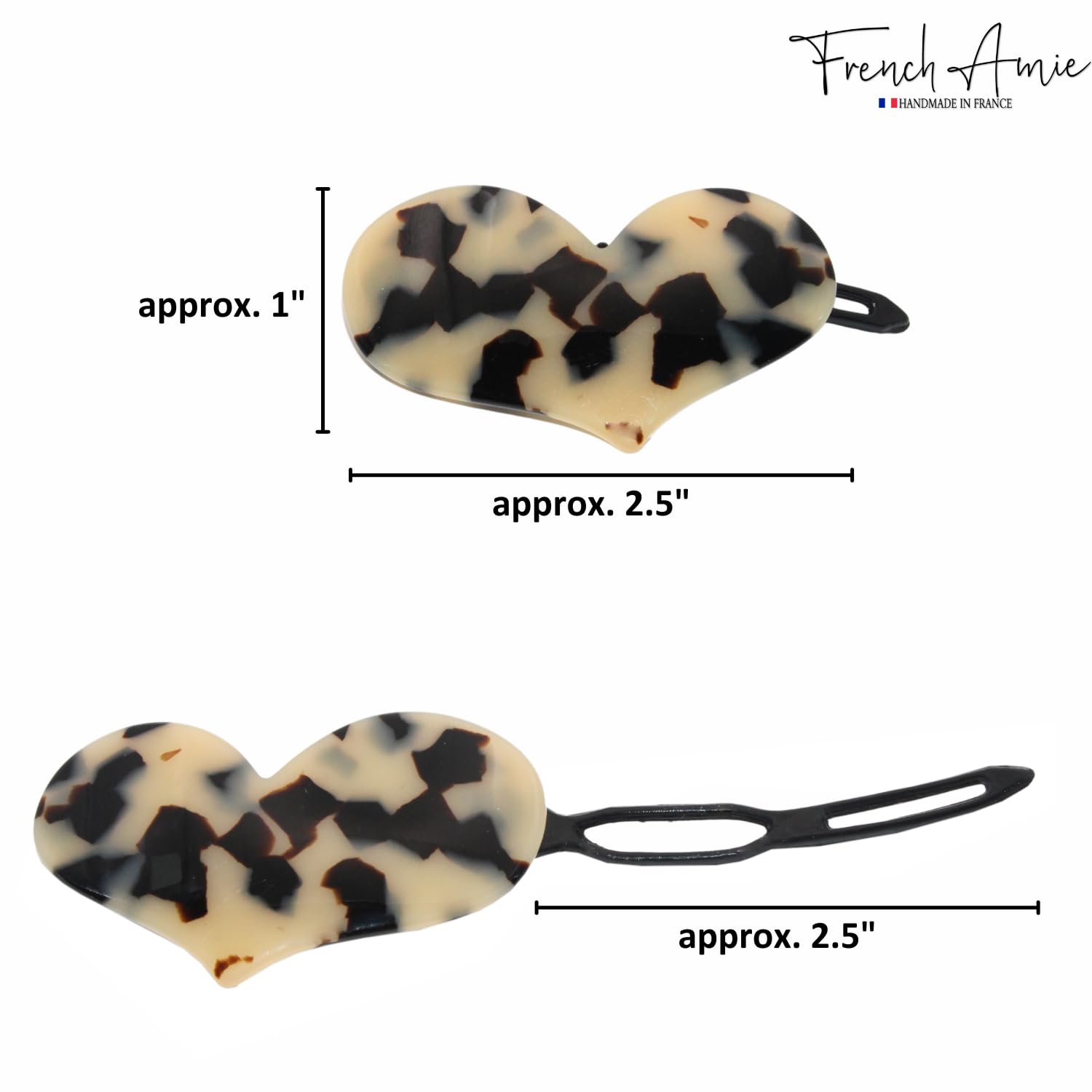 French Amie Cupid Hearts Small Celluloid Metal Free Snap Hair Clips - 2 Pcs