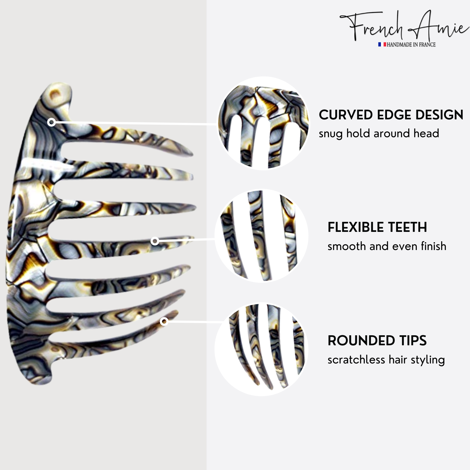 French Amie 7 Teeth Handmade Cellulose Side Hair Comb for Women and Girls