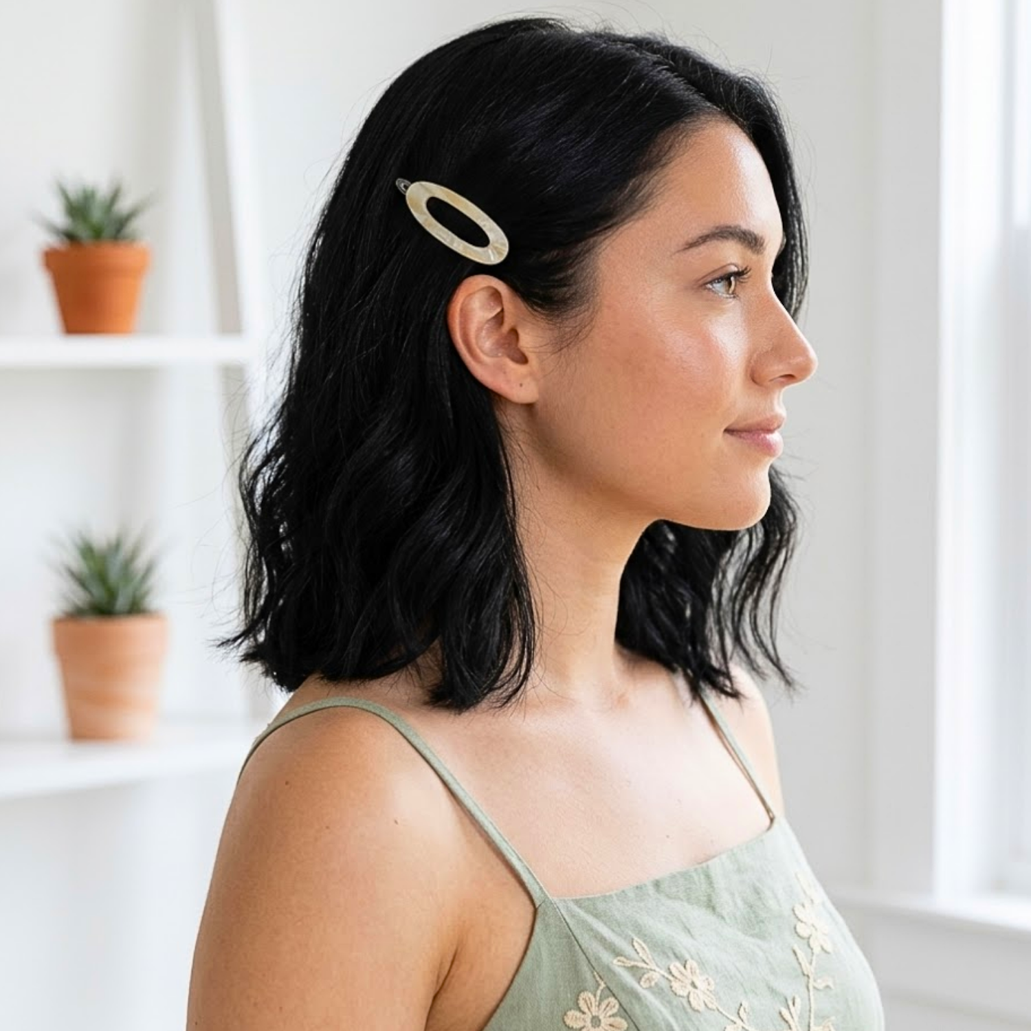 French Amie Oval Cut Out Small Handmade Cellulose Snap Hair Barrette for Women