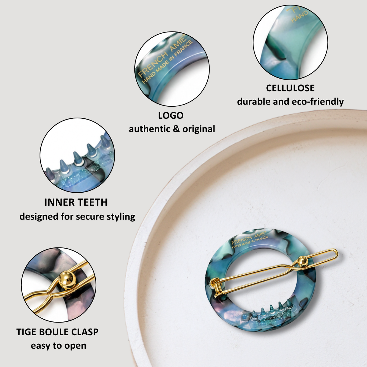 French Amie Mini Circle 1 ¼” Hair Clip - Snap Tige Boule Women Barrette Set Of 2