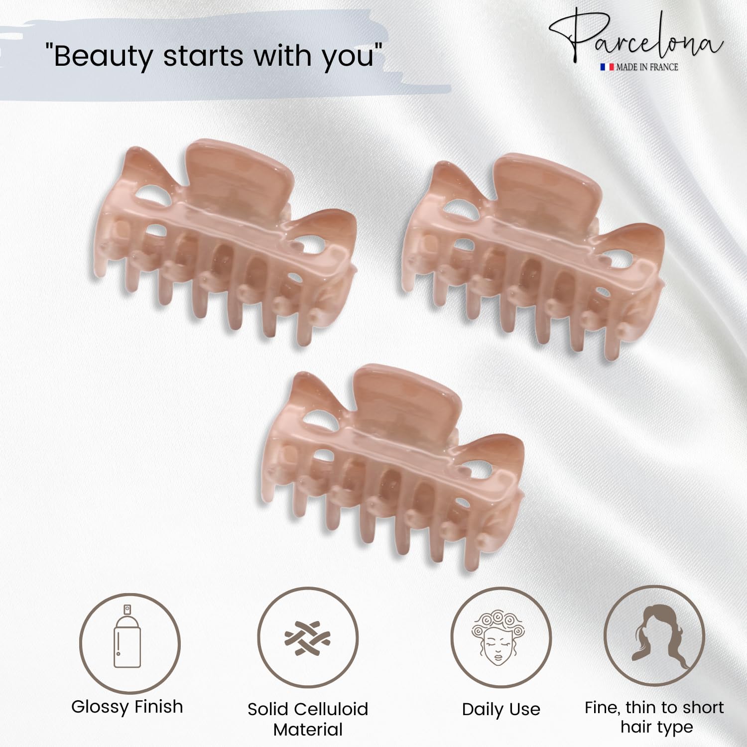 Parcelona French Classic 1.5" Small Celluloid Set of 3 Hair Claws for Women
