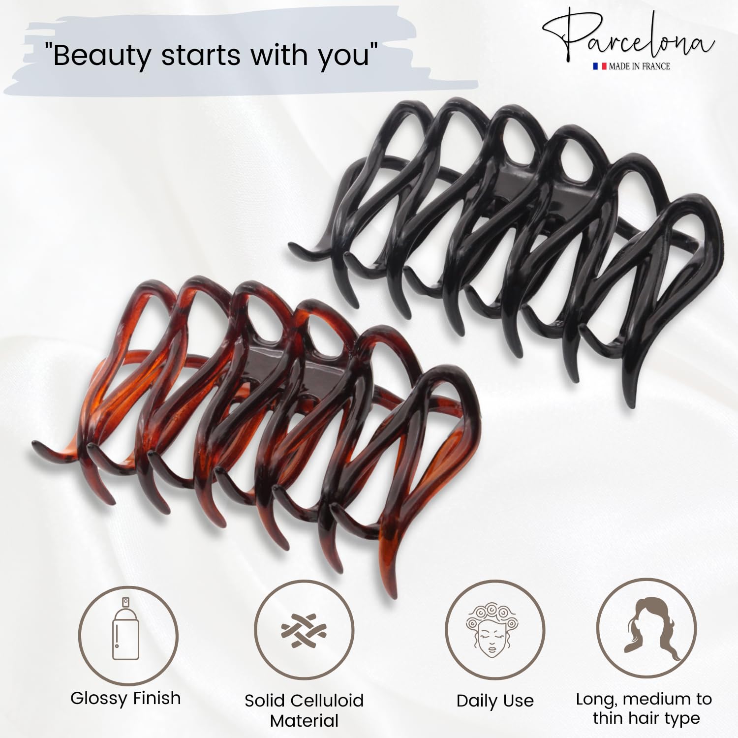 Parcelona French Dentelle Black & Shell Medium Jaw Claw Hair Clip 2 Pcs