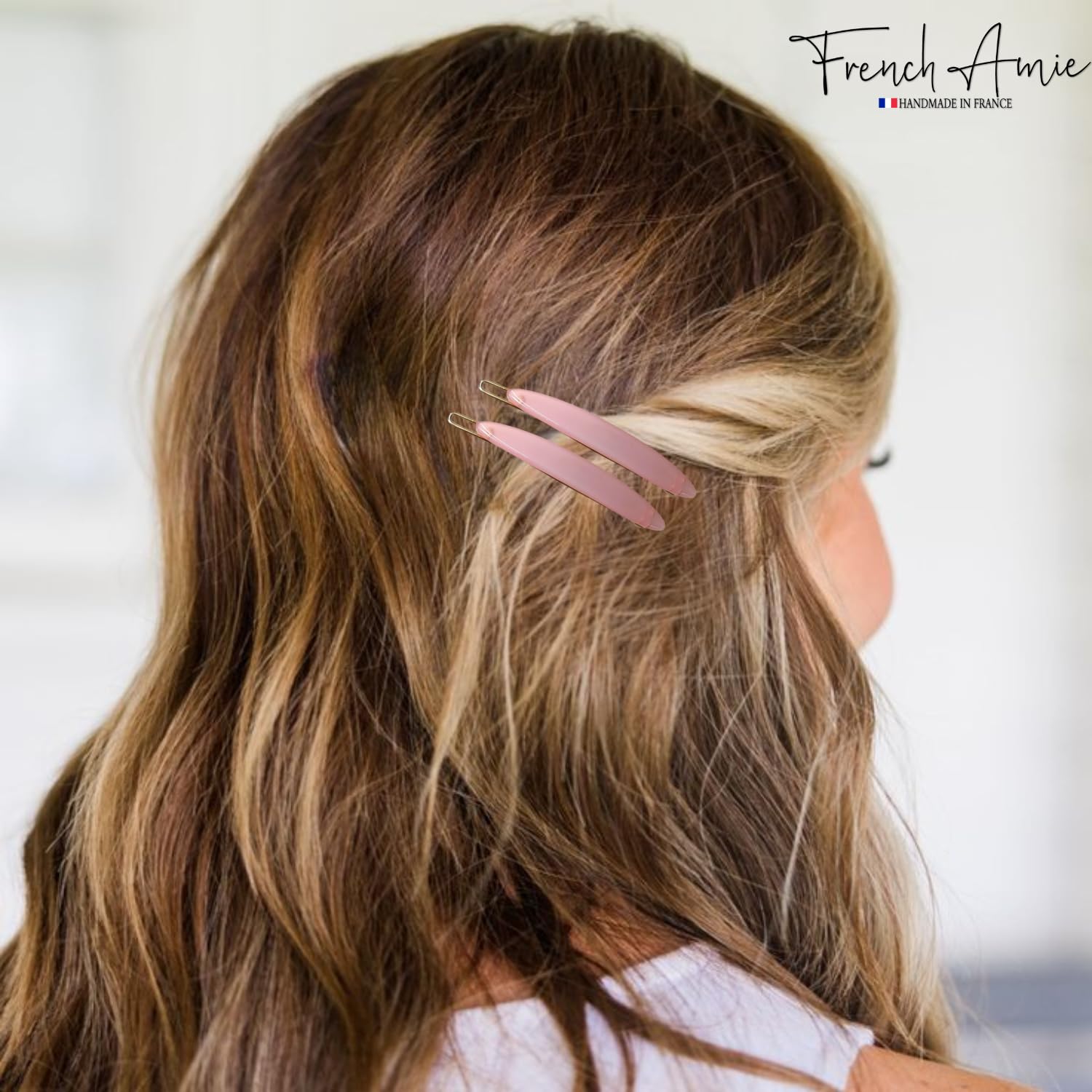 French Amie Narrow Oblong Small Hair Clip - Tige Boule Women Barrette Set Of 2