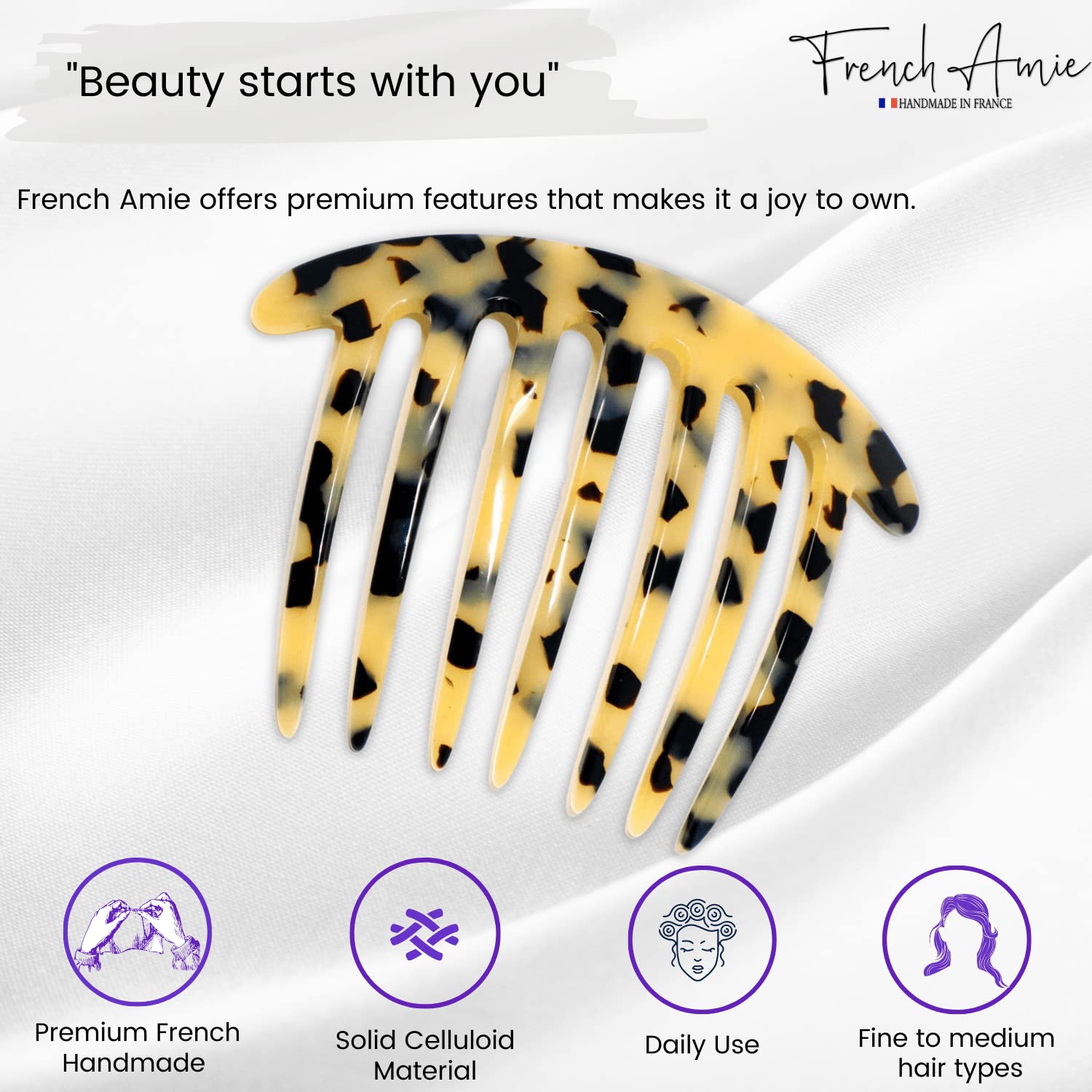 French Amie 7 Teeth Handmade Cellulose Side Hair Comb for Women and Girls
