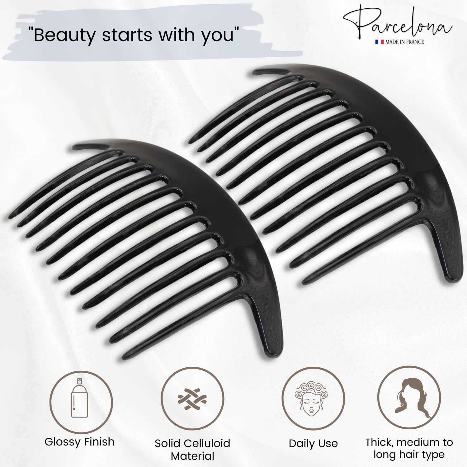 Parcelona French Tapered Edge 11 Teeth Side Hair Combs for Women & Girls (2Pcs)