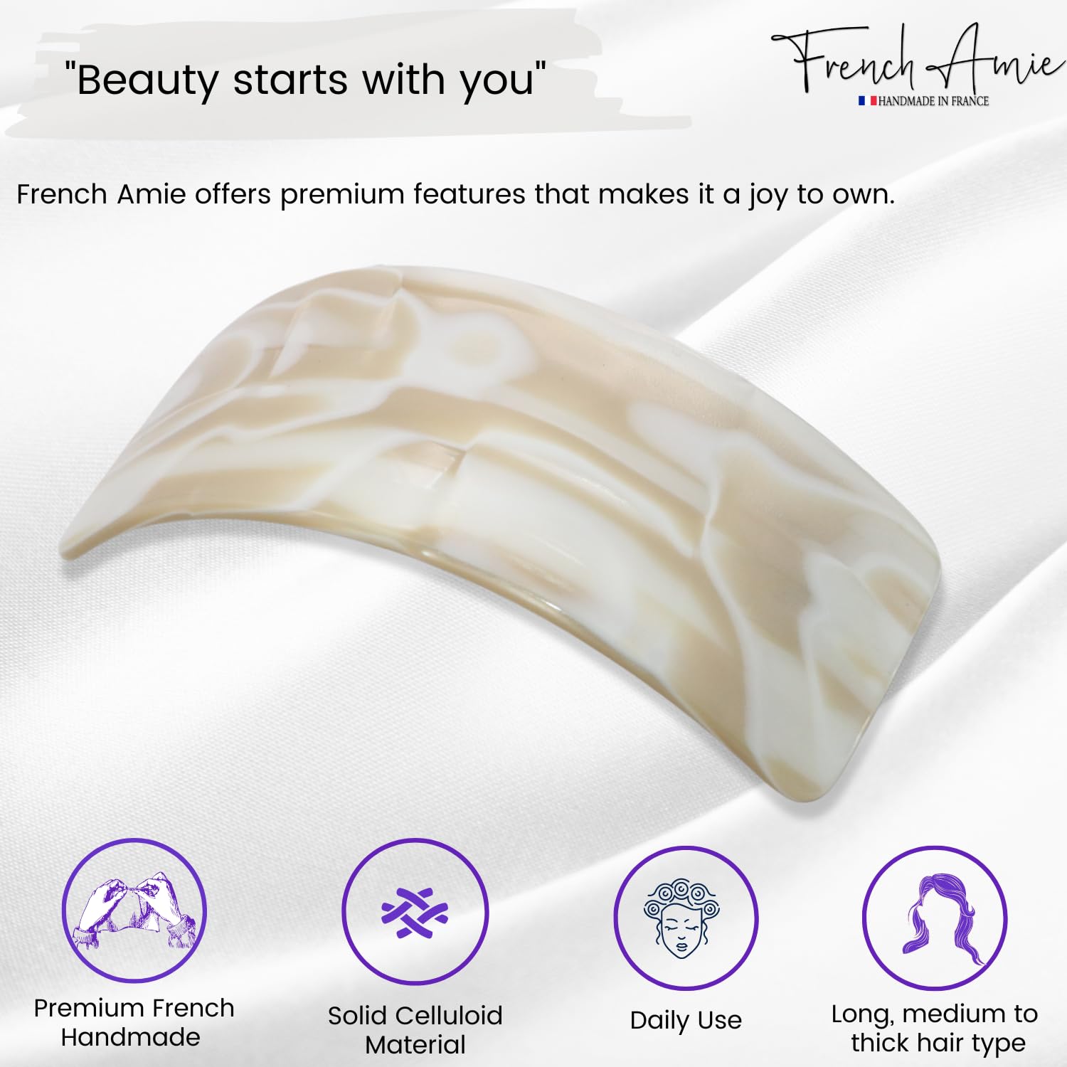 French Amie Broad Curved Oblong Large Celluloid Acetate Hair Barrette for Women