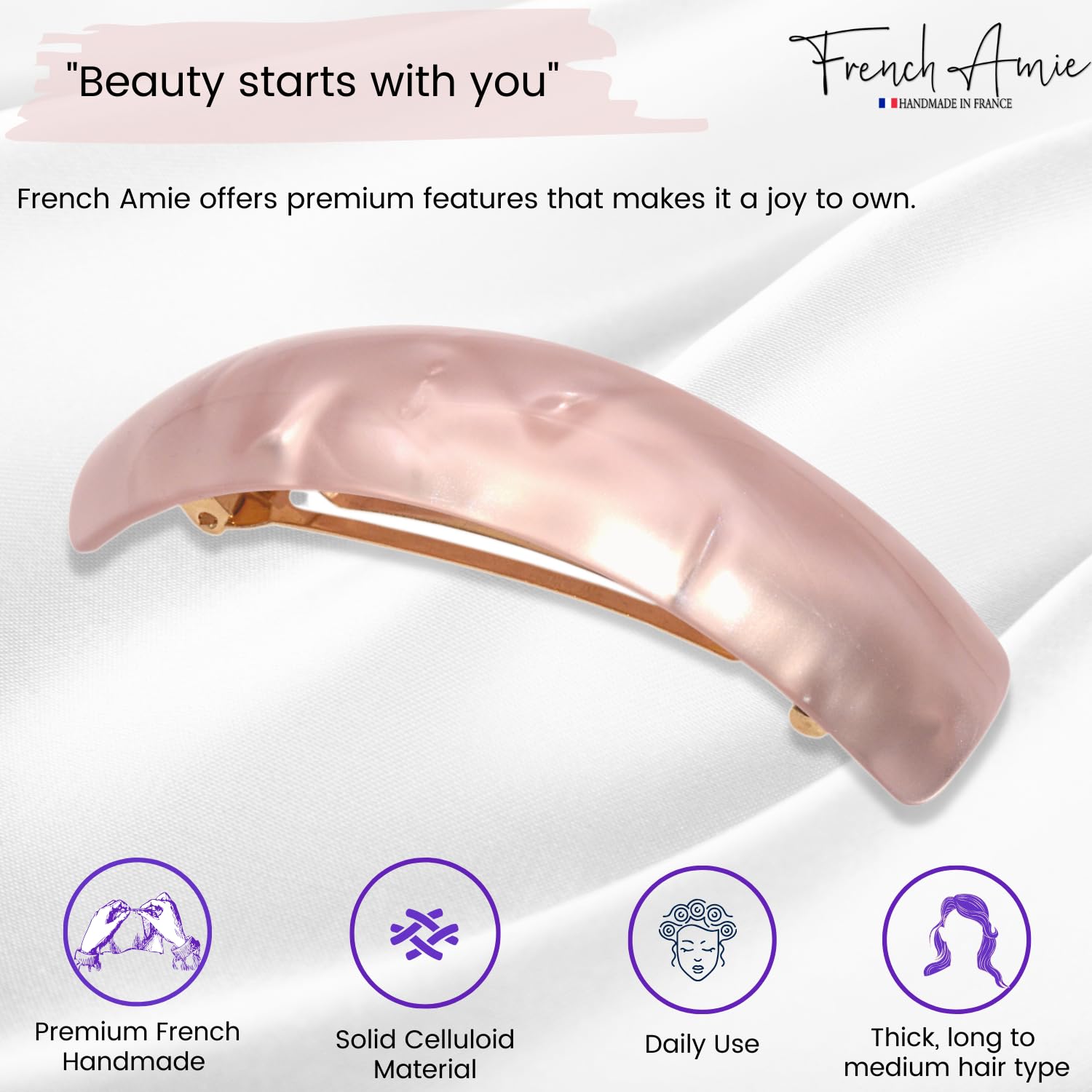 French Amie Curved Oblong Large Celluloid Handmade Hair Barrette for Women