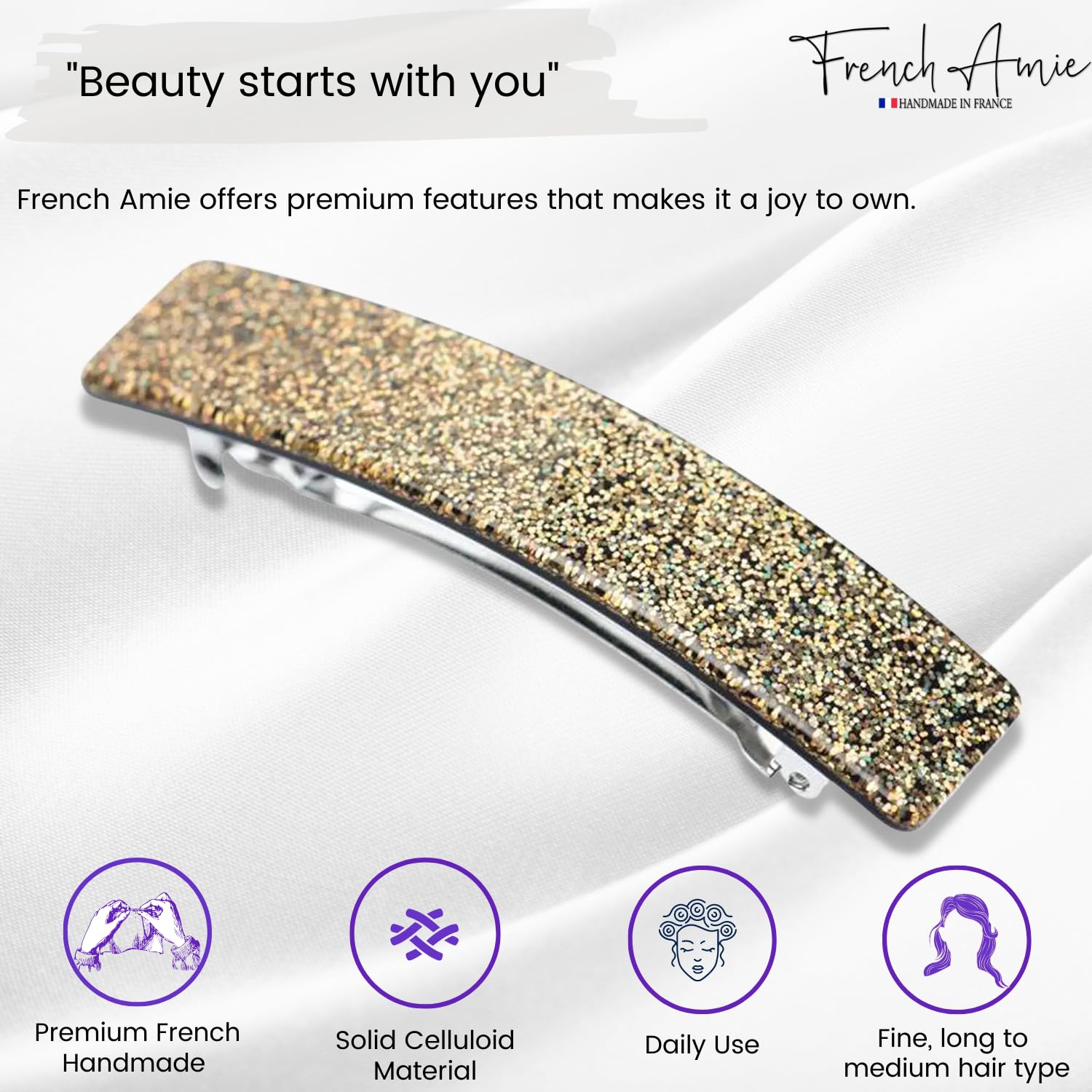 French Amie Glittery Bar Large Handmade Celluloid Hair Clip Barrette for Women
