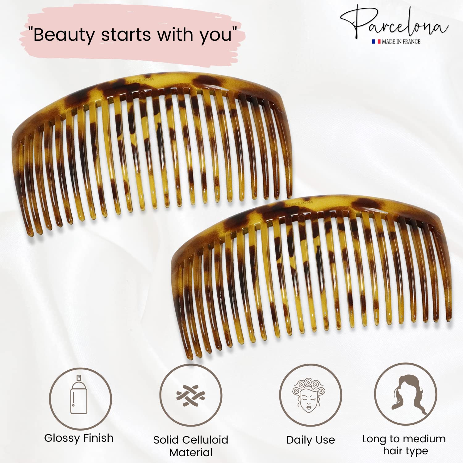 Parcelona French Glossy Large Cellulose Updo 23 Teeth Hair Side Combs(2 Pcs)