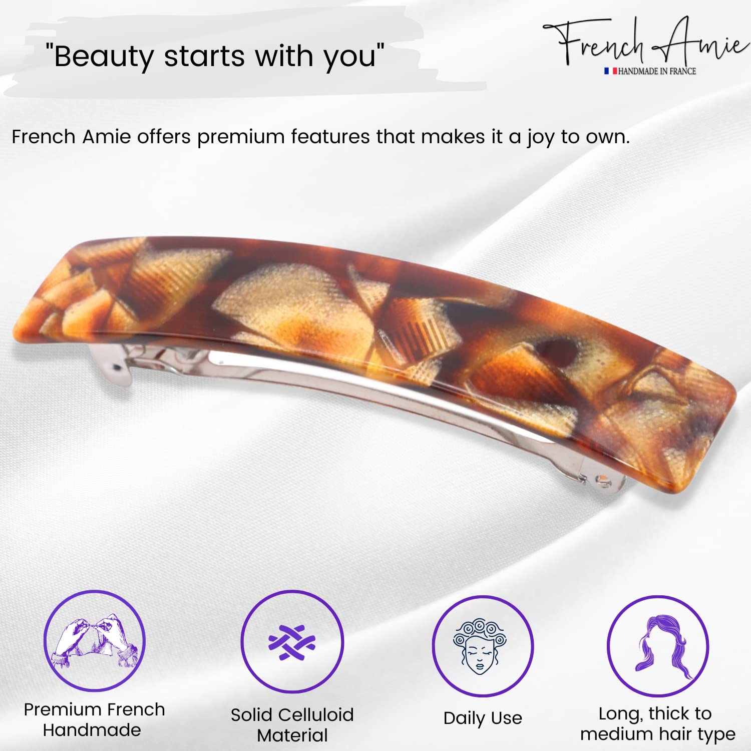 French Amie Oblong 3 1/2" Cellulose Handmade Automatic Hair Barrette for Women