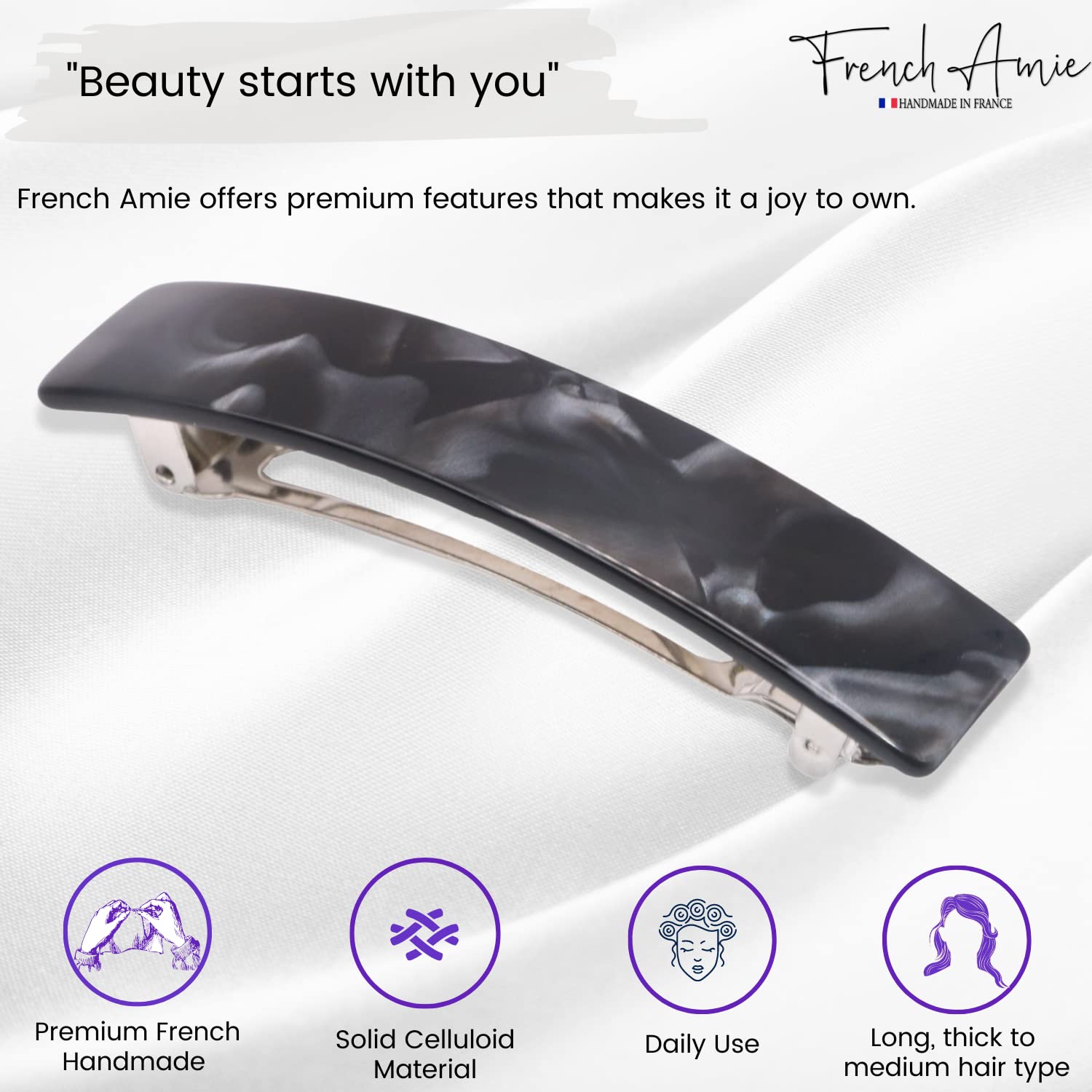 French Amie Oblong 3 1/2" Cellulose Handmade Automatic Hair Barrette for Women