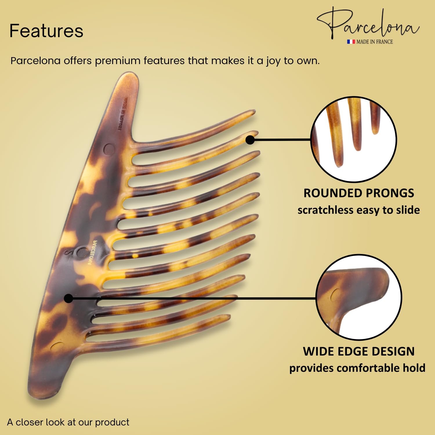 Parcelona French Tapered Edge 11 Teeth Side Hair Combs for Women & Girls (2Pcs)