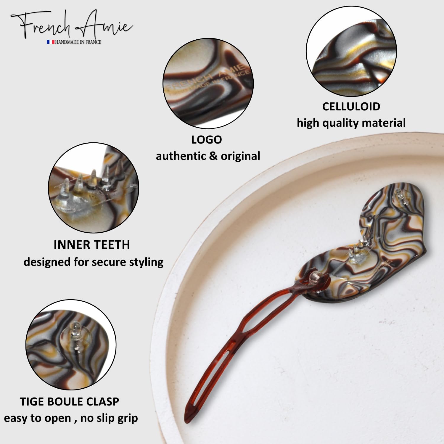 French Amie Cupid Hearts Small Celluloid Metal Free Snap Hair Clips - 2 Pcs