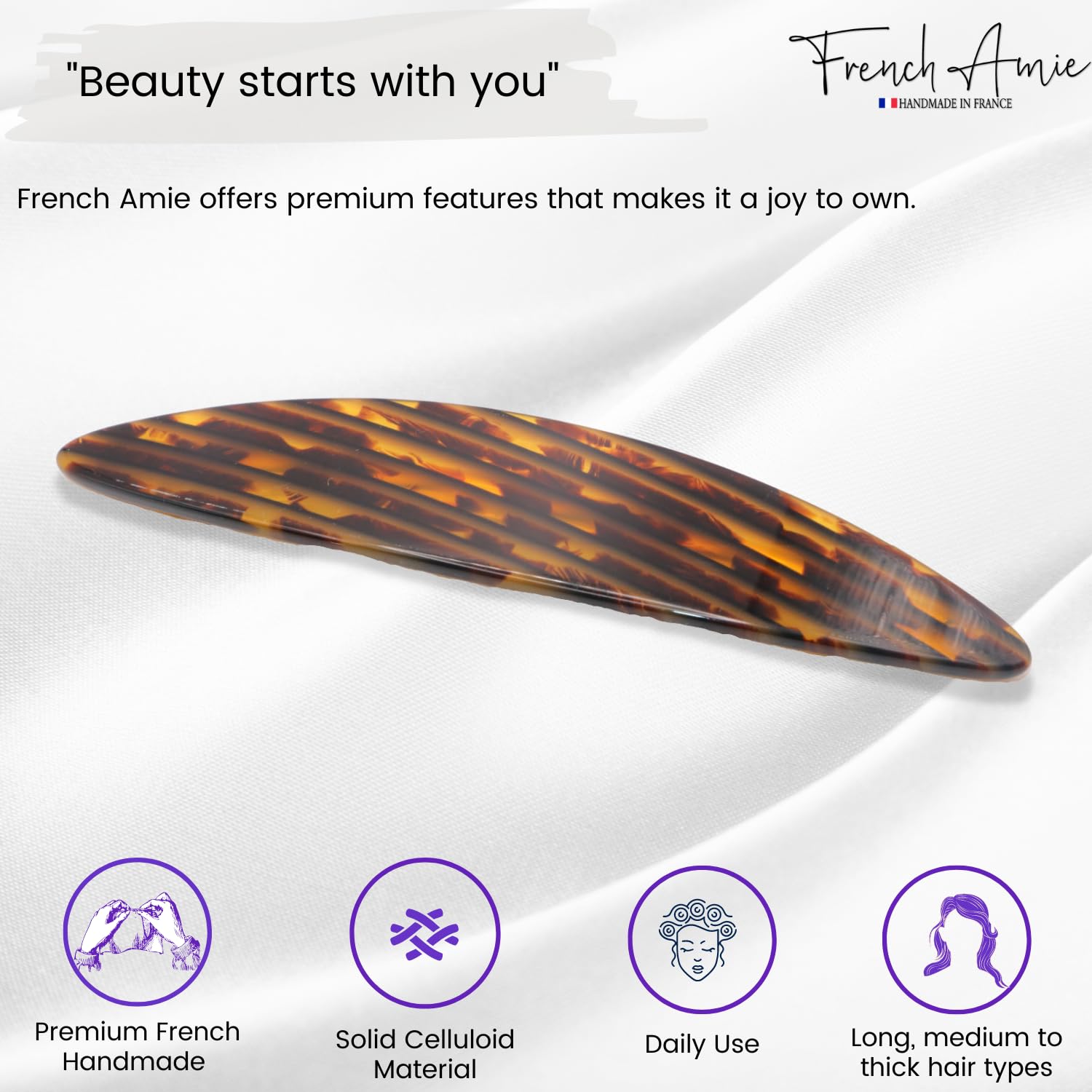 French Amie Large Oval Handmade Cellulose Hair Clip Barrette for Women