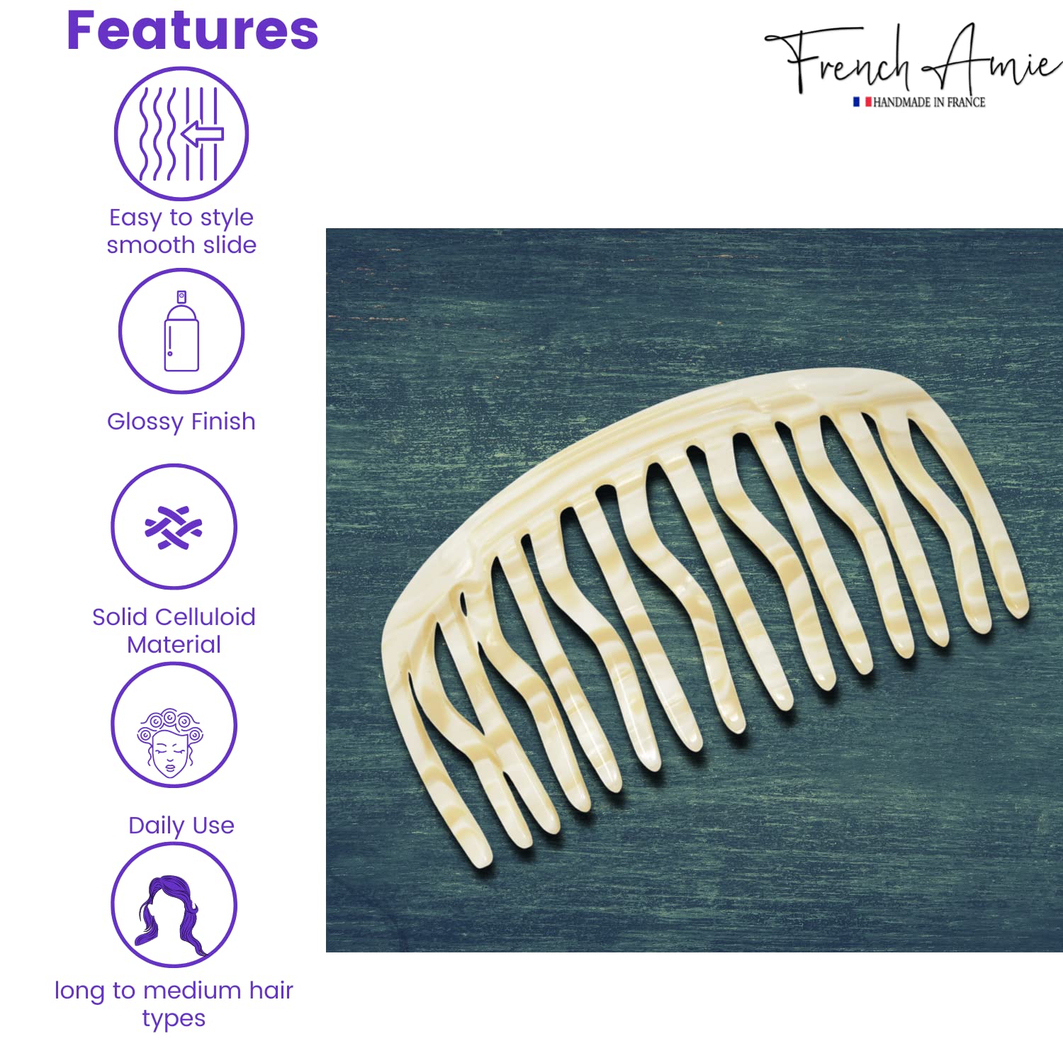 French Amie Handmade Large Tokyo and Ivory Celluloid 15 Teeth Side Hair Comb