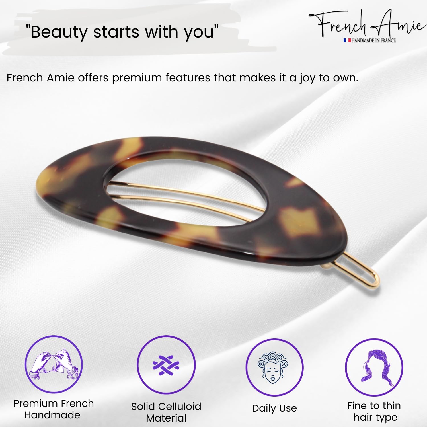 French Amie Oval Small 2 1/4” Cellulose Hair Barrette for Women
