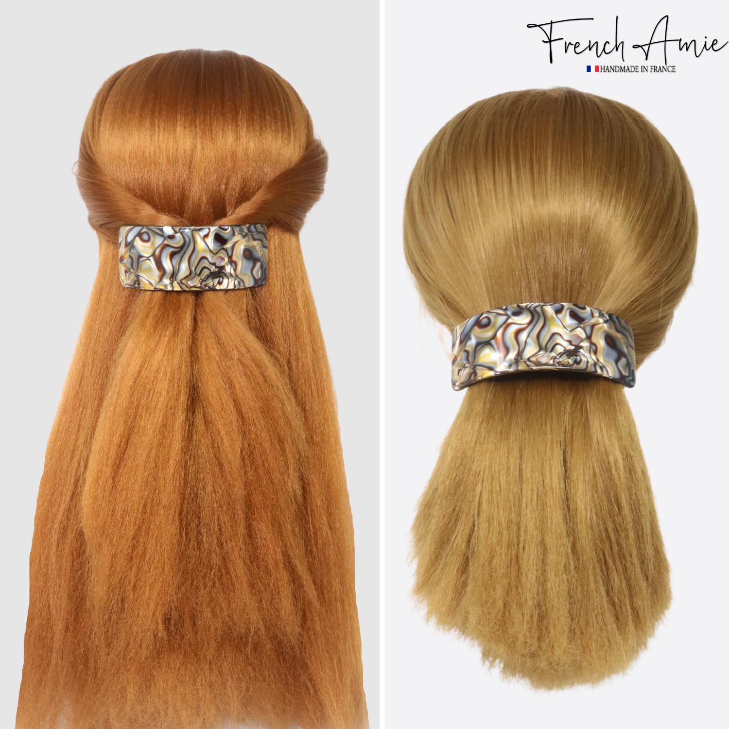 French Amie Broad Curved Oblong Large Celluloid Acetate Hair Barrette for Women