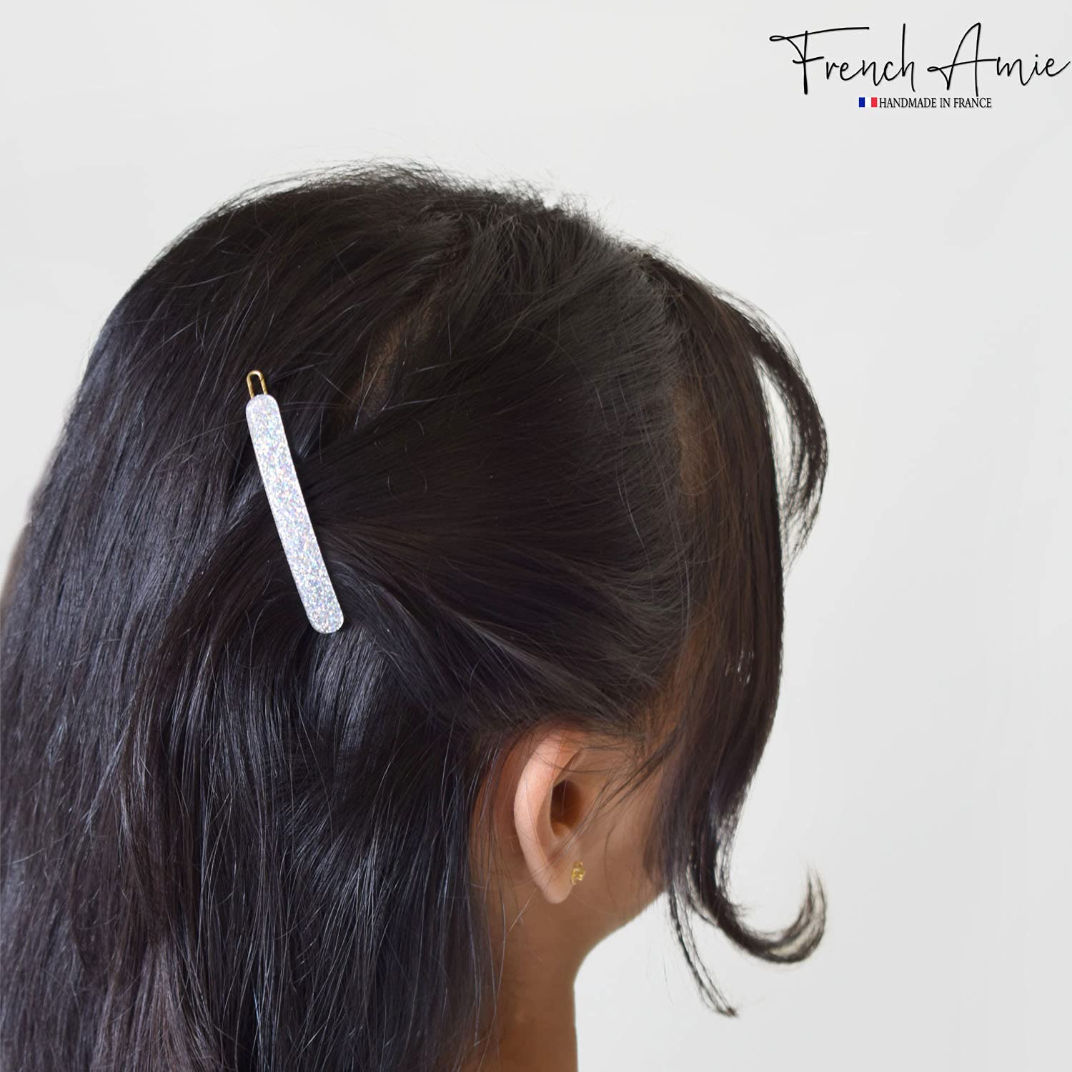 French Amie Rounded Oblong Small Silver Glitter Cellulose Snap Hair Clip 2Pcs