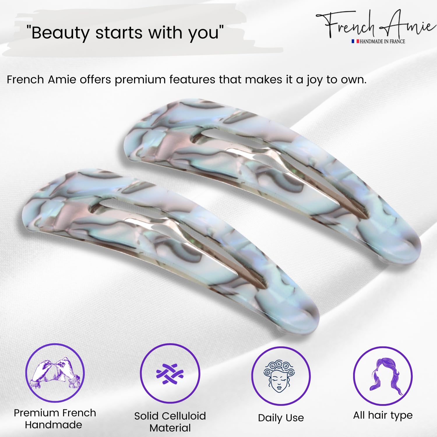 French Amie Clic Clac Large Handmade Cellulose Snap Hair Pins for Women(2 Pcs)