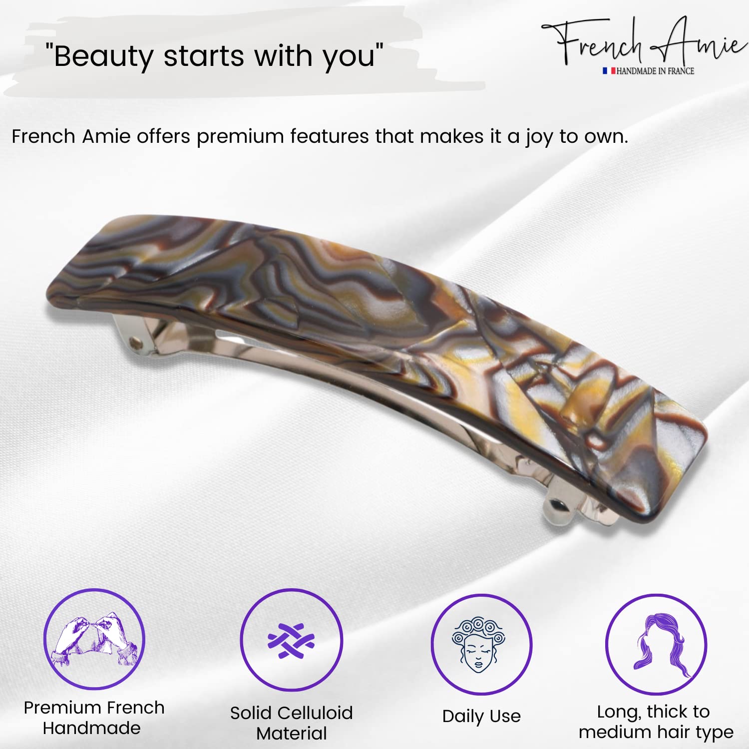 French Amie Oblong 3 1/2" Cellulose Handmade Automatic Hair Barrette for Women