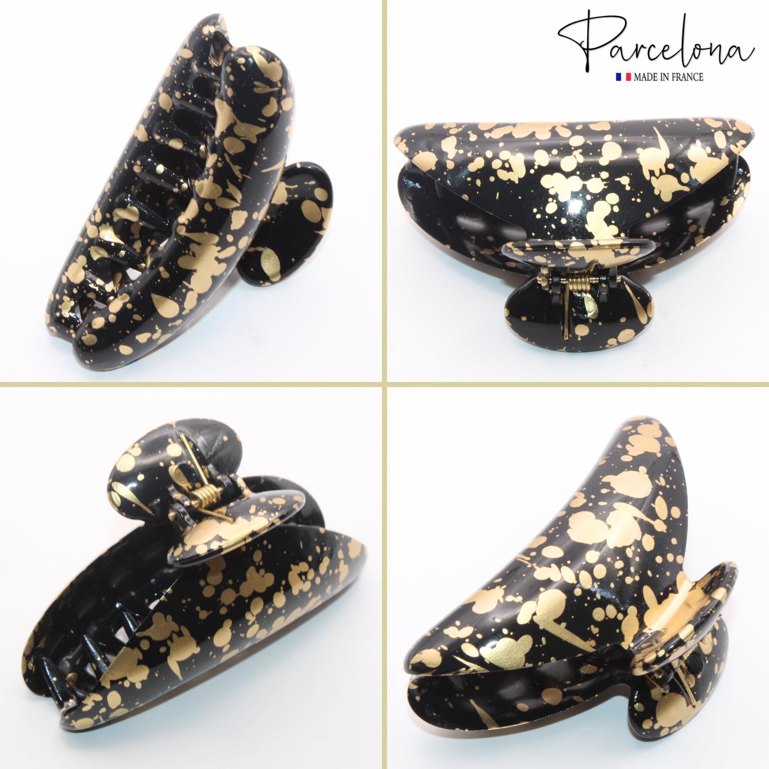 Parcelona French Couture Medium Black N Golden Cellulose Jaw Hair Claw for Women