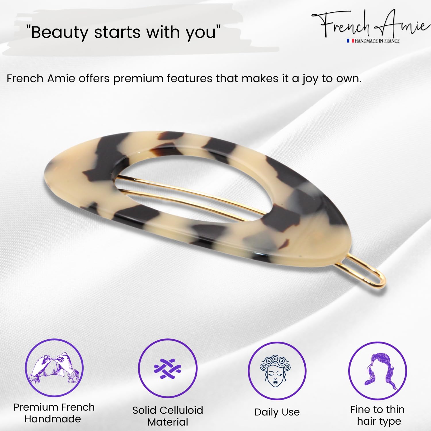 French Amie Oval Small 2 1/4” Cellulose Hair Barrette for Women