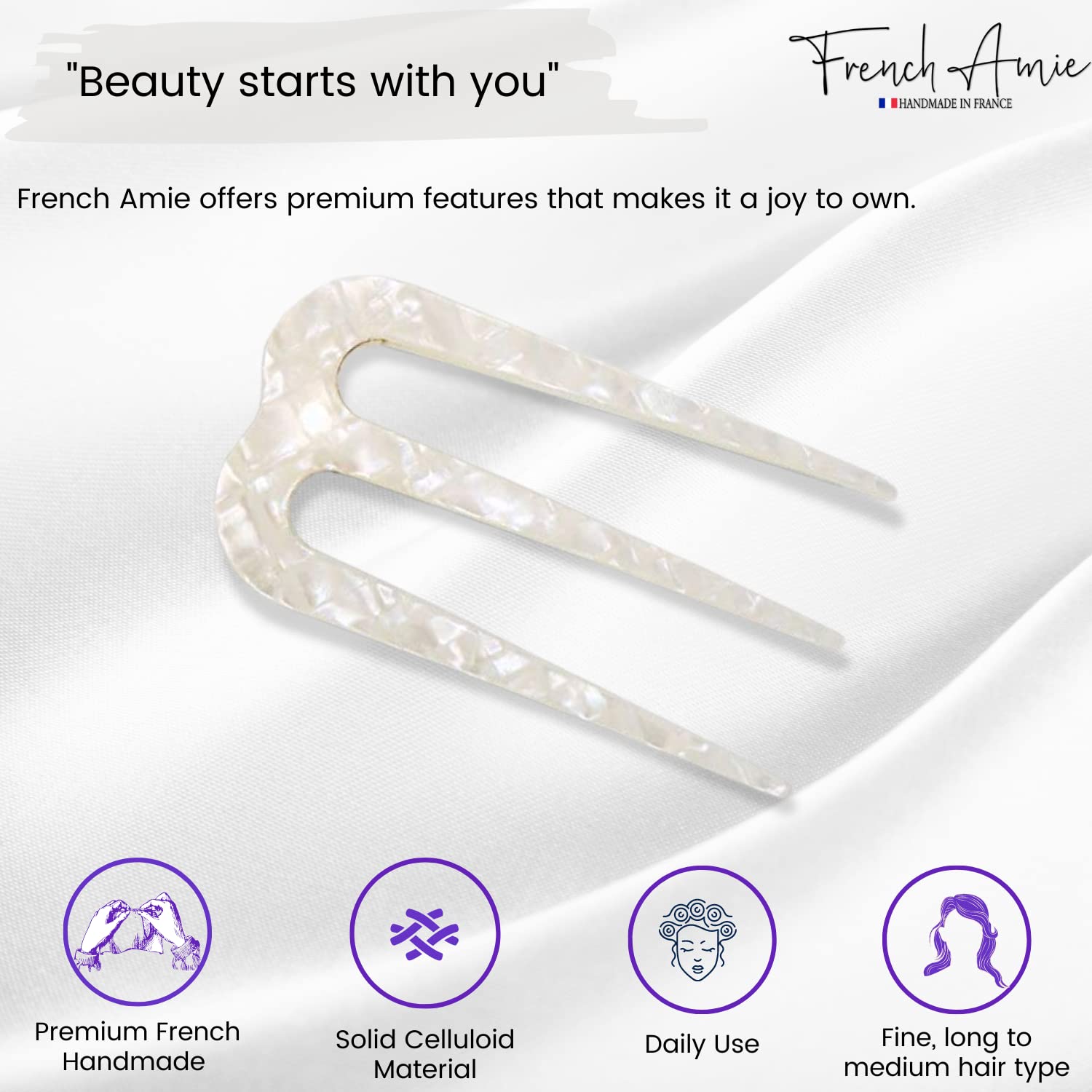 French Amie Tri Prongs 3" Medium Handmade Cellulose Bun Holder Women Hair Pin
