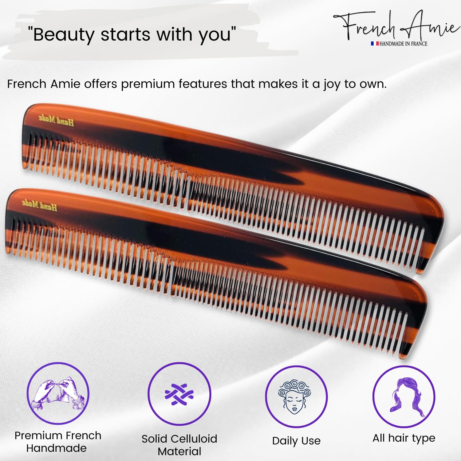 French Amie Sleek Handmade shell 7 Inch Long Cellulose Hair Dressing Combs