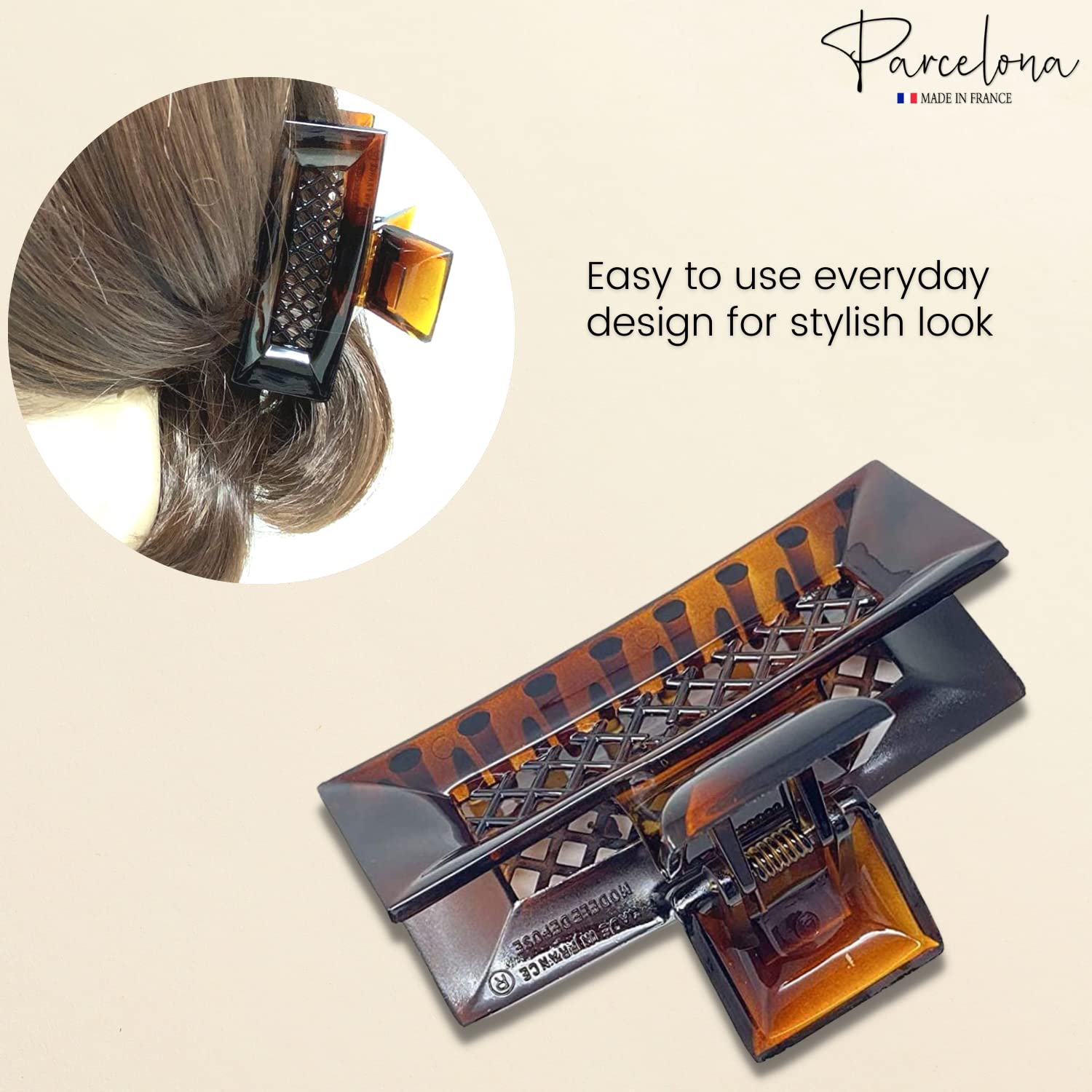 Parcelona French Crisscross Rectangle Brown Medium Cellulose Good Grip Hair Clip