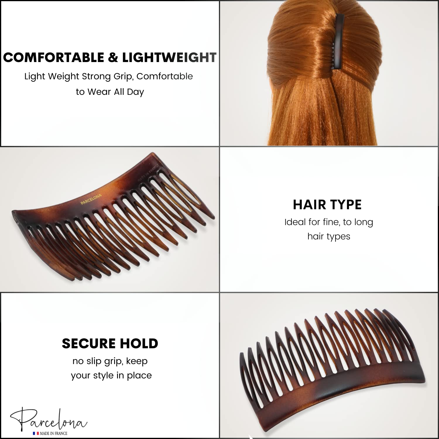 Parcelona French Glossy Shell Medium Cellulose 16 Teeth Side Hair Combs (2 Pcs)