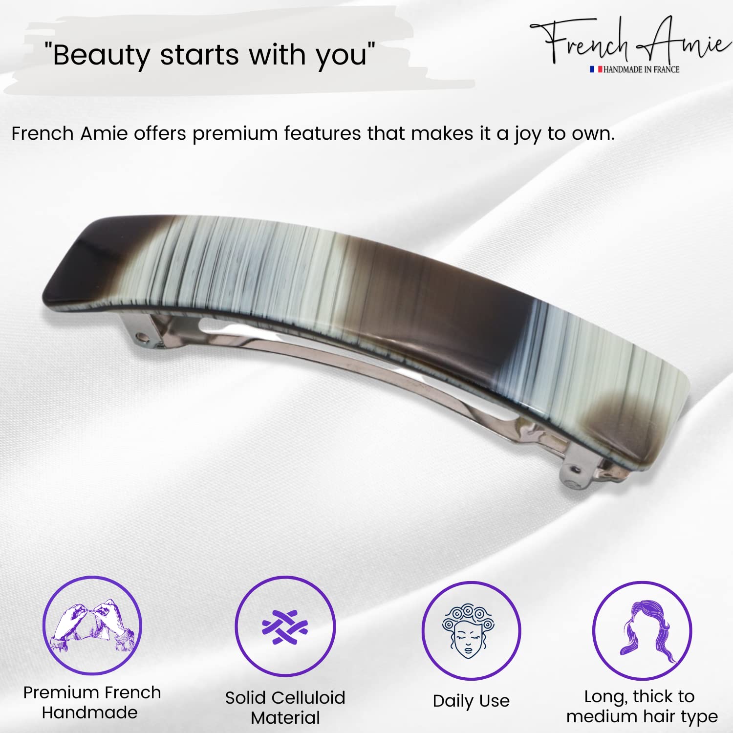 French Amie Oblong 3 1/2" Cellulose Handmade Automatic Hair Barrette for Women
