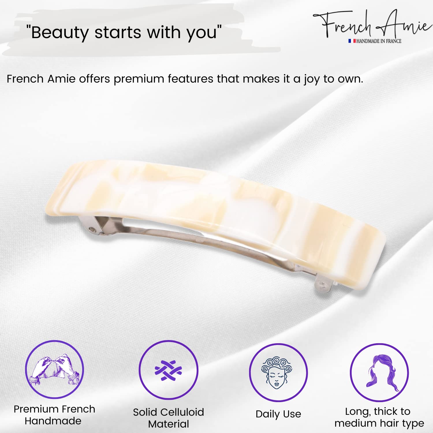 French Amie Oblong 3 1/2" Cellulose Handmade Automatic Hair Barrette for Women