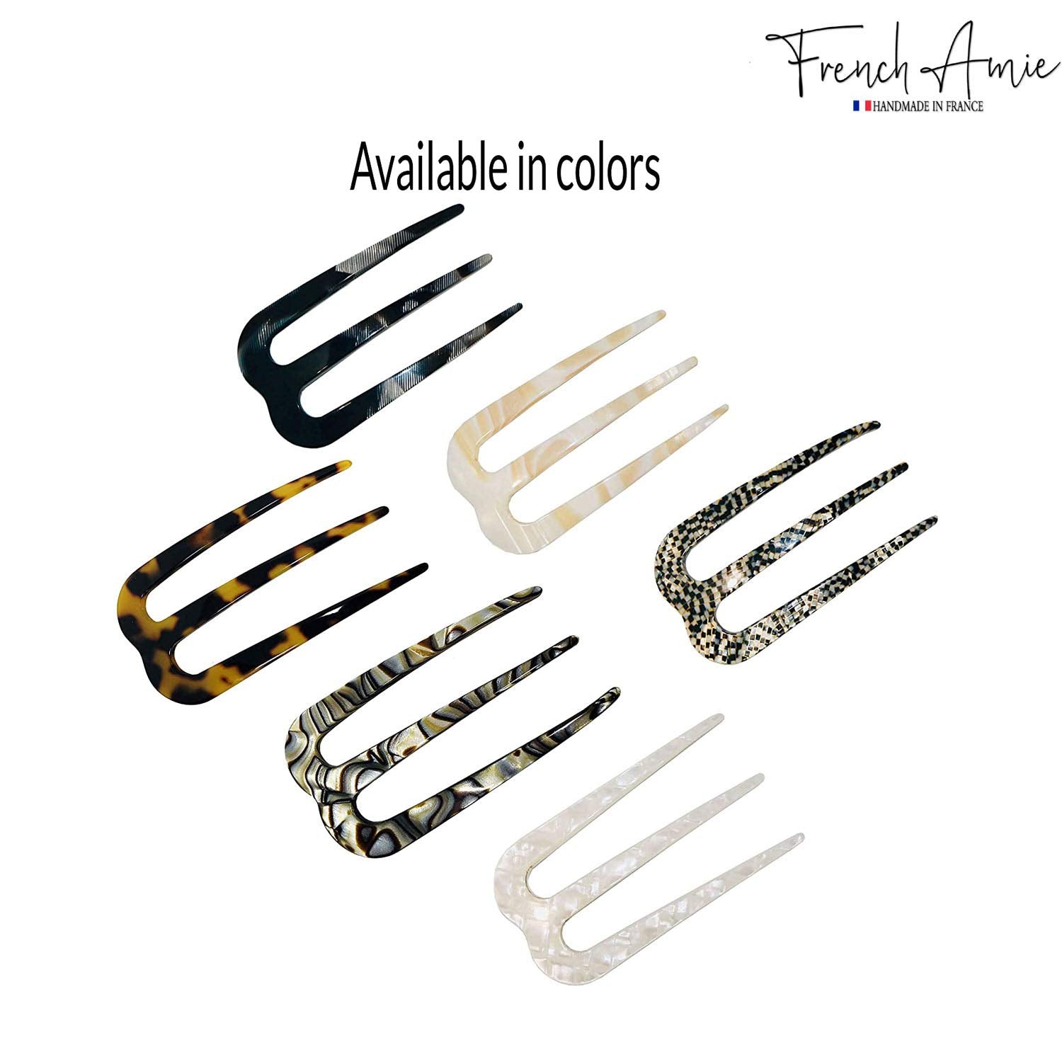 French Amie Tri Prongs 3" Medium Handmade Cellulose Bun Holder Women Hair Pin