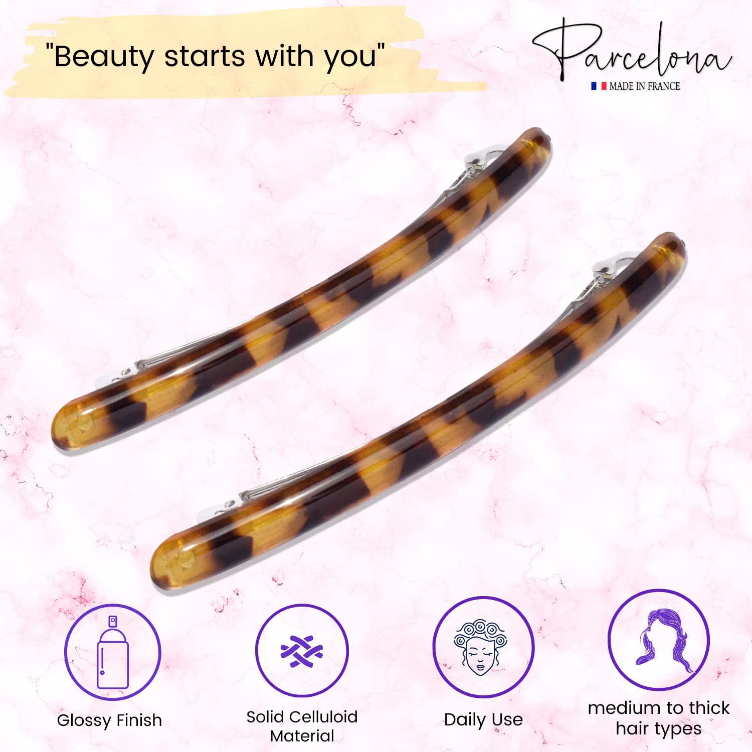Parcelona French Skinny Rounded Large Celluloid Hair Barrettes for Women(2 Pcs)