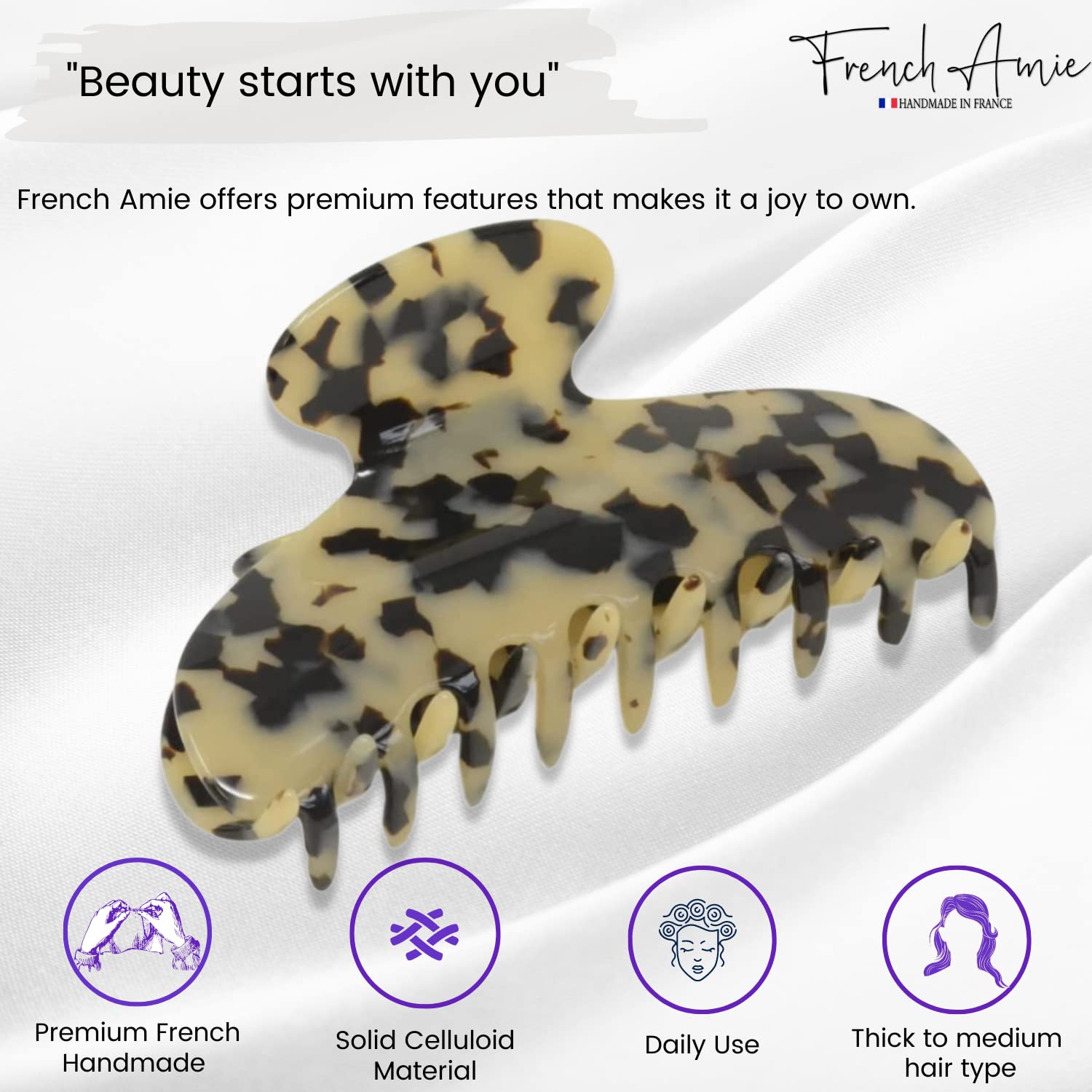 French Amie Thin Oval Large 4 1/4” Handmade Cellulose Acetate Jaw Hair Claw Women