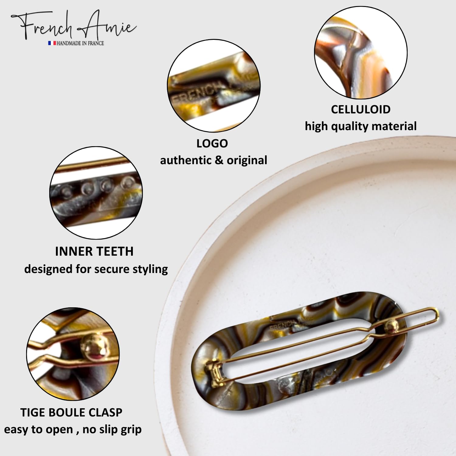 French Amie Mini Oval 2” Celluloid Handmade Snap Tige Boule Hair Clips
