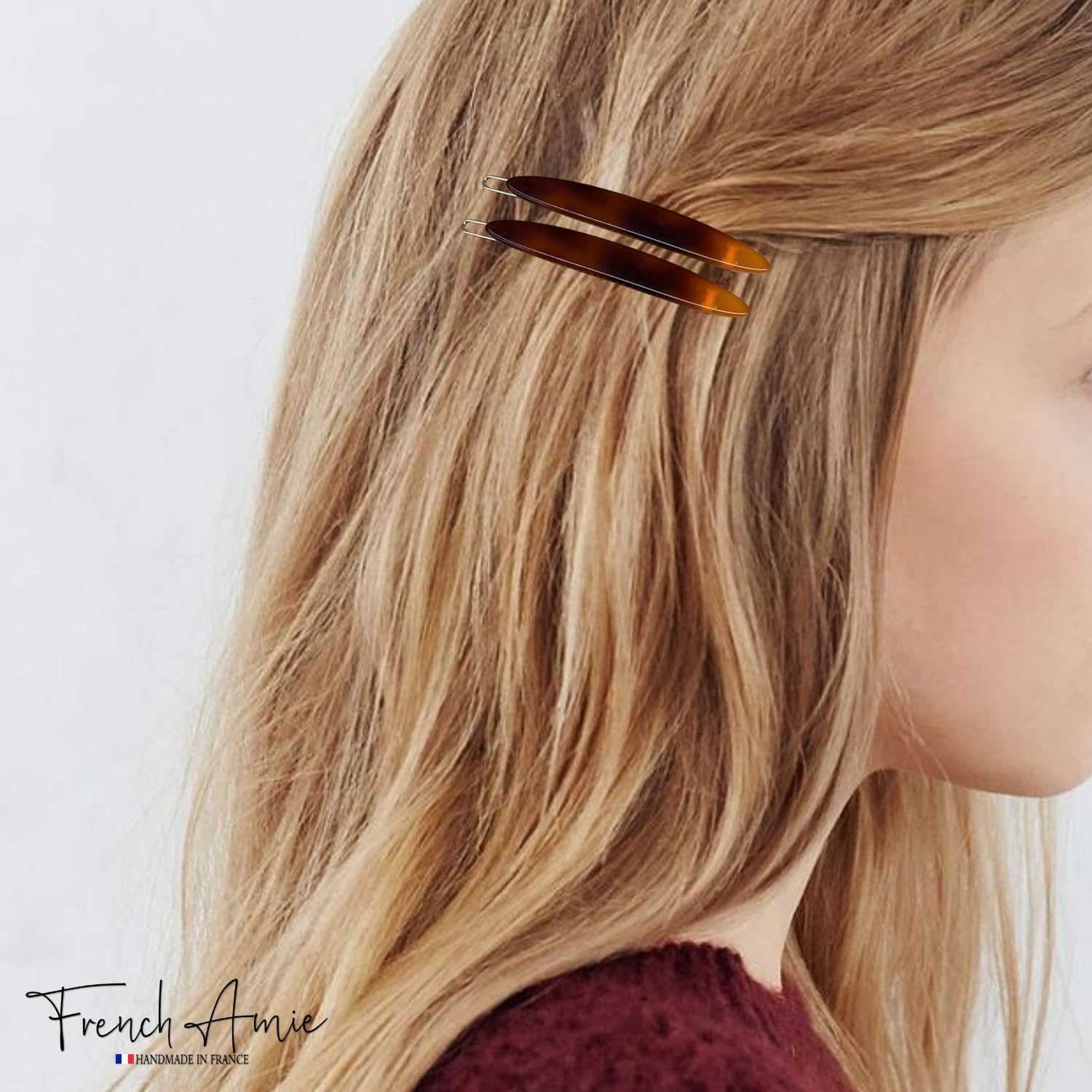 French Amie Narrow Oblong Small Hair Clip - Tige Boule Women Barrette Set Of 2