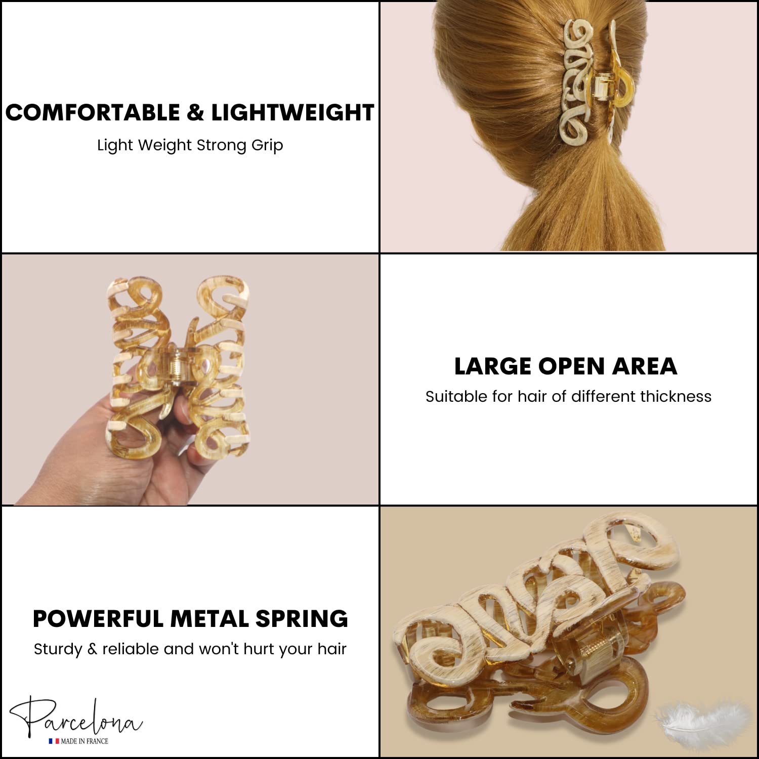 Parcelona French Love Medium 3" Cellulose Acetate Hair Claw Clip for Women