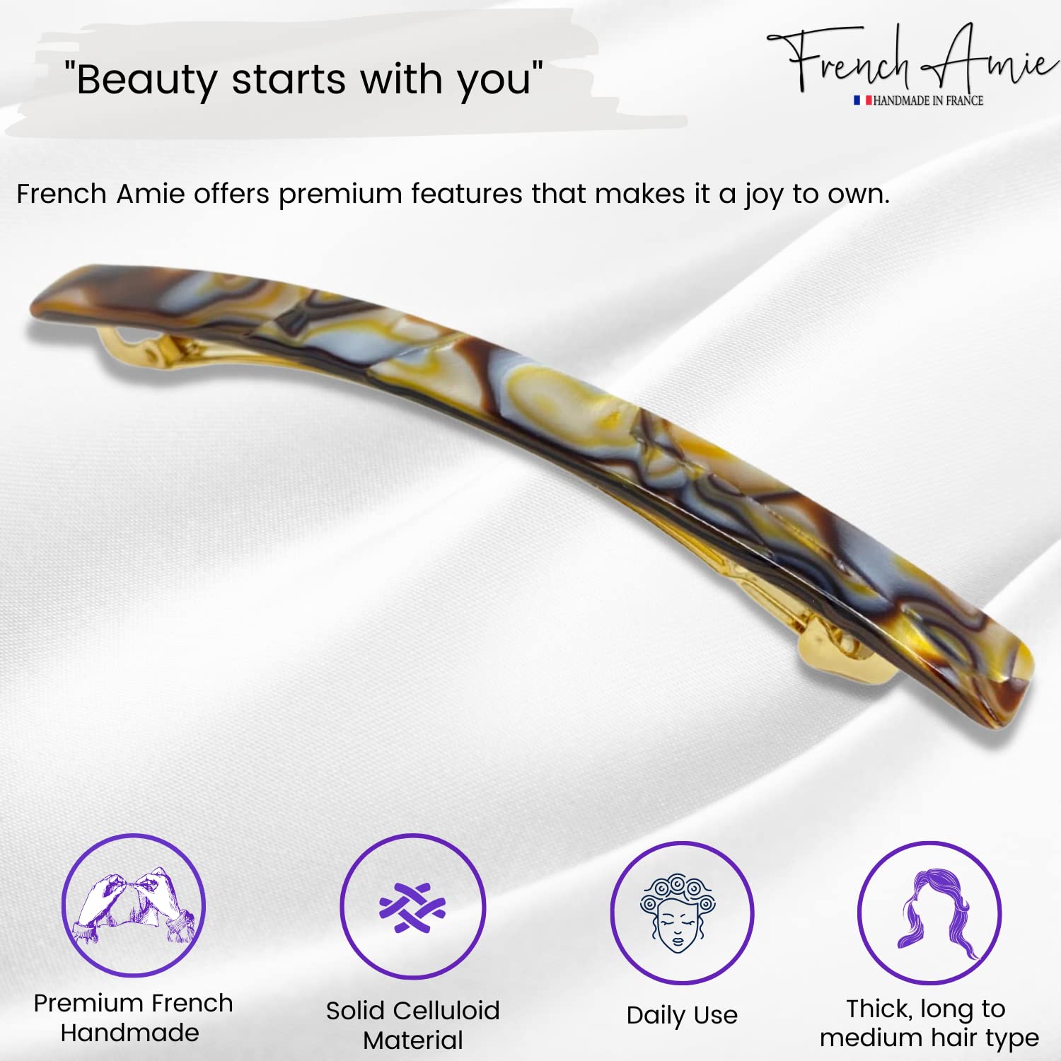 French Amie Long & Skinny Bar Large 4 1/4" Cellulose Acetate Hair Barrette Clip